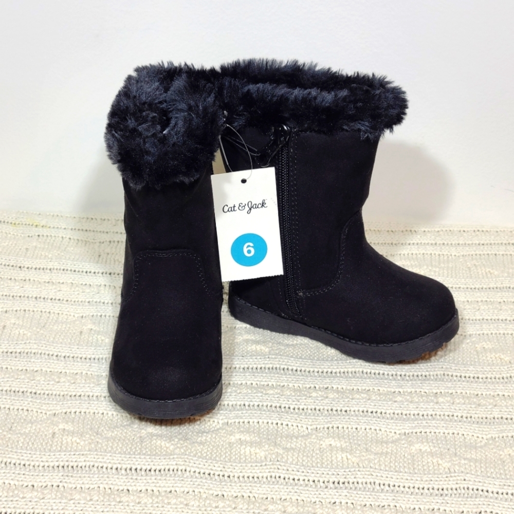 Cat & Jack Boots Toddler Size 6 Black Fuzzy Shearling Preppy Cute Warm Winter
